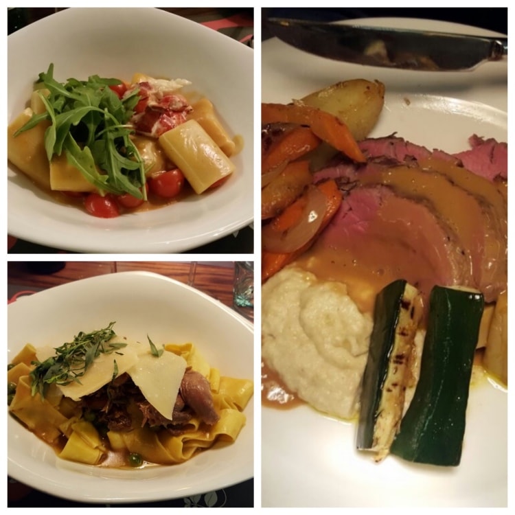 Tavolàta Ristorante Italiano -ravintola: Paccheripastaa, kermaista hummerikastiketta, fenkolia ja tuoretta hummeria, Pappardellepastaa, ylikypsää ankankoipea, rakuunaa ja herneitä, Filet Mignon, latva-artisokkaa ja Marsalakastiketta. Lisukkeena uunijuureksia.