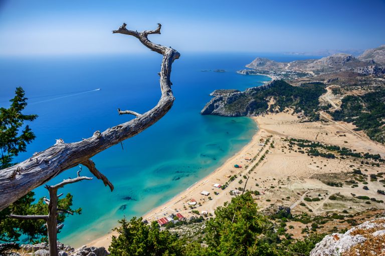 Rodos, Tsambika, ranta Näkymä korkealta merelle ja Tsambikan rannalle. Etualalla kuolleen puun oksa.